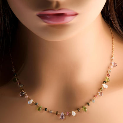 Multi Gemstones Necklace Wire Wrapped Faceted Peridot, Moonstone, Amethyst, Labradorite, Pink Tourmaline, Prehnite Briolette Drop 4X6-5X9Mm,Rondelle in 14K Gold Filled Chain & Clasp Necklace (18")