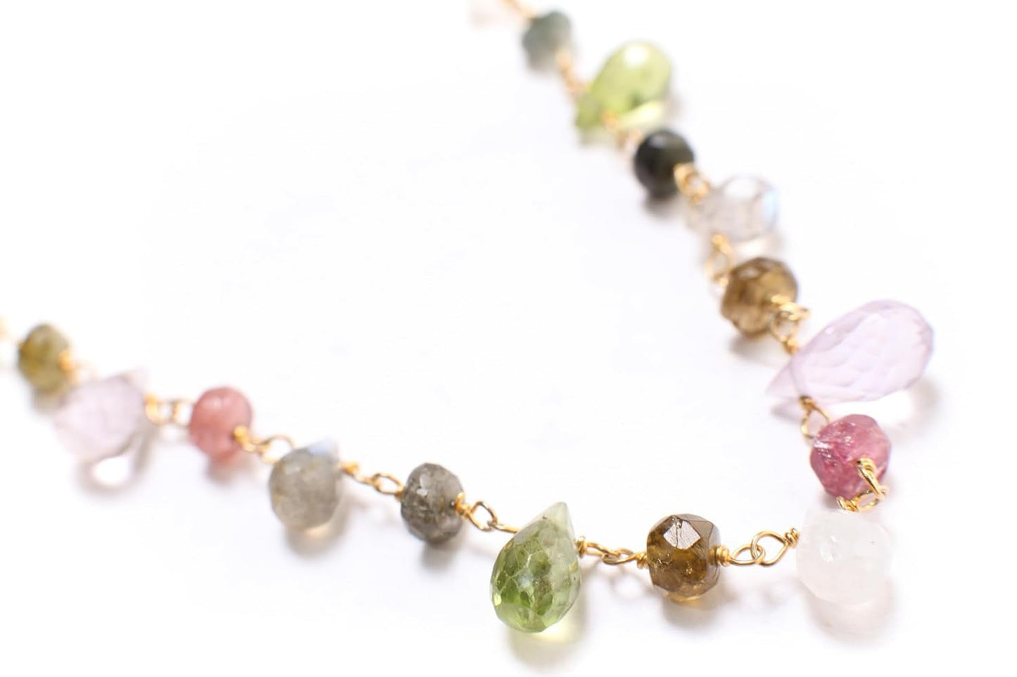 Multi Gemstones Necklace Wire Wrapped Faceted Peridot, Moonstone, Amethyst, Labradorite, Pink Tourmaline, Prehnite Briolette Drop 4X6-5X9Mm,Rondelle in 14K Gold Filled Chain & Clasp Necklace (18")