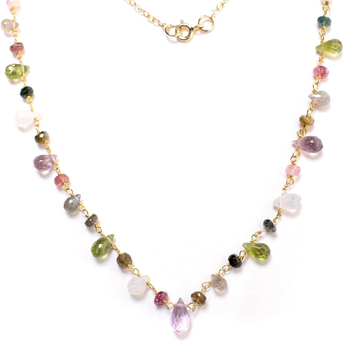 Multi Gemstones Necklace Wire Wrapped Faceted Peridot, Moonstone, Amethyst, Labradorite, Pink Tourmaline, Prehnite Briolette Drop 4X6 - 5X9Mm,Rondelle in 14K Gold Filled Chain & Clasp Necklace (18") - WORLD TIME VISITS