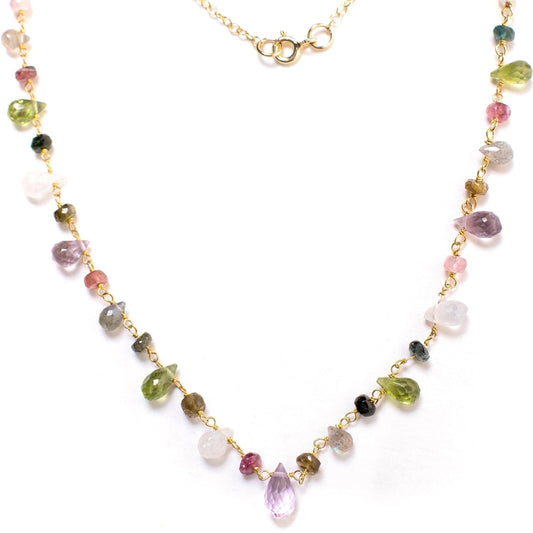 Multi Gemstones Necklace Wire Wrapped Faceted Peridot, Moonstone, Amethyst, Labradorite, Pink Tourmaline, Prehnite Briolette Drop 4X6 - 5X9Mm,Rondelle in 14K Gold Filled Chain & Clasp Necklace (18") - WORLD TIME VISITS