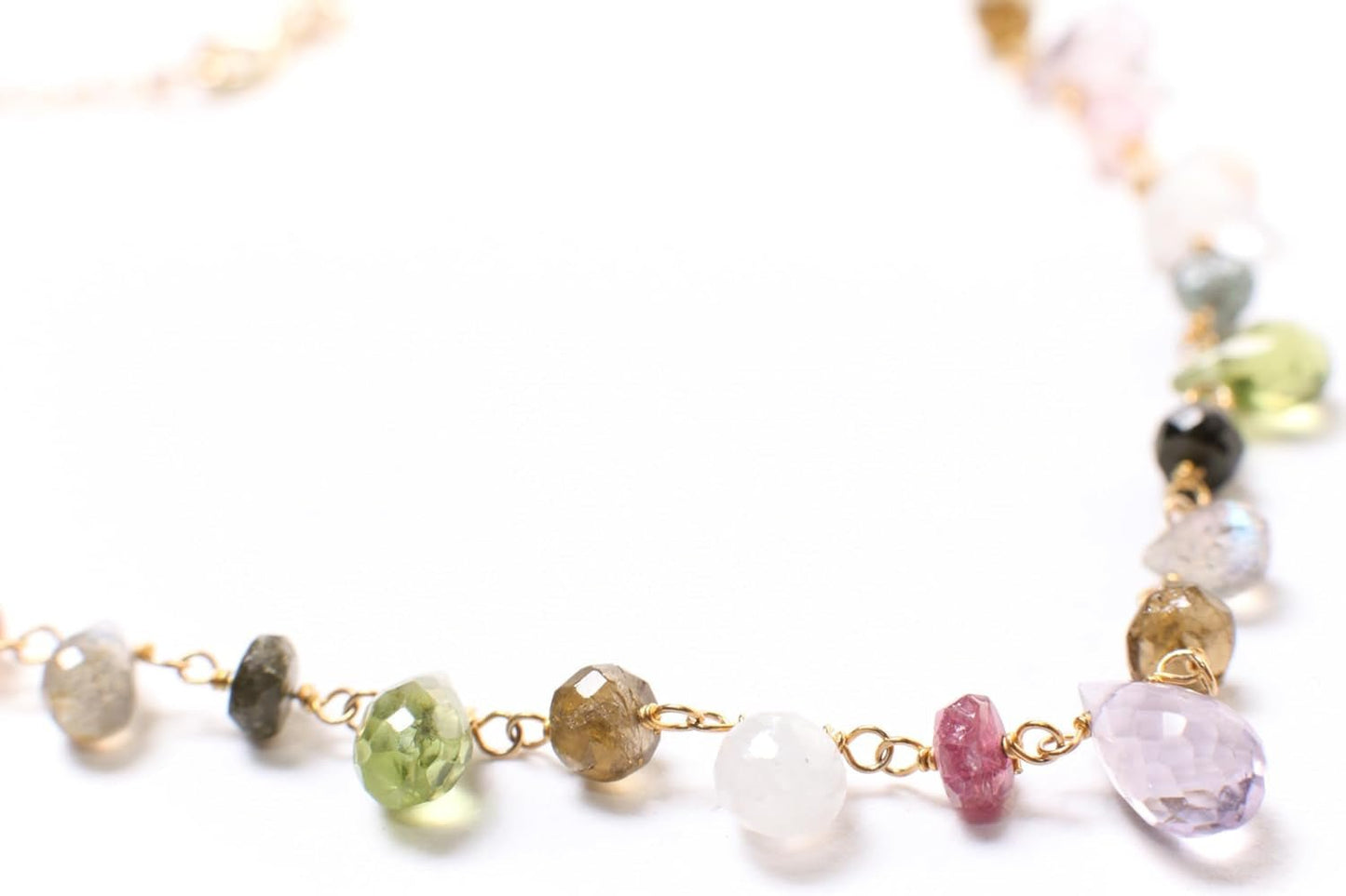 Multi Gemstones Necklace Wire Wrapped Faceted Peridot, Moonstone, Amethyst, Labradorite, Pink Tourmaline, Prehnite Briolette Drop 4X6 - 5X9Mm,Rondelle in 14K Gold Filled Chain & Clasp Necklace (18") - WORLD TIME VISITS