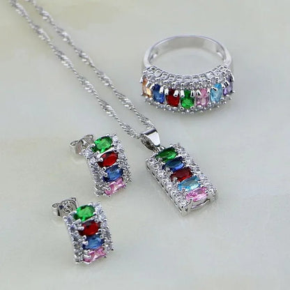 Multicolor 925 Silver Jewelry Set Mystic Topaz Jewelry Sets for Women Necklace/Earrings/Bracelet/Pendant/Ring 4PCS - WORLD TIME VISITS