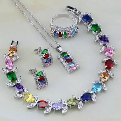 Multicolor 925 Silver Jewelry Set Mystic Topaz Jewelry Sets for Women Necklace/Earrings/Bracelet/Pendant/Ring 4PCS - WORLD TIME VISITS