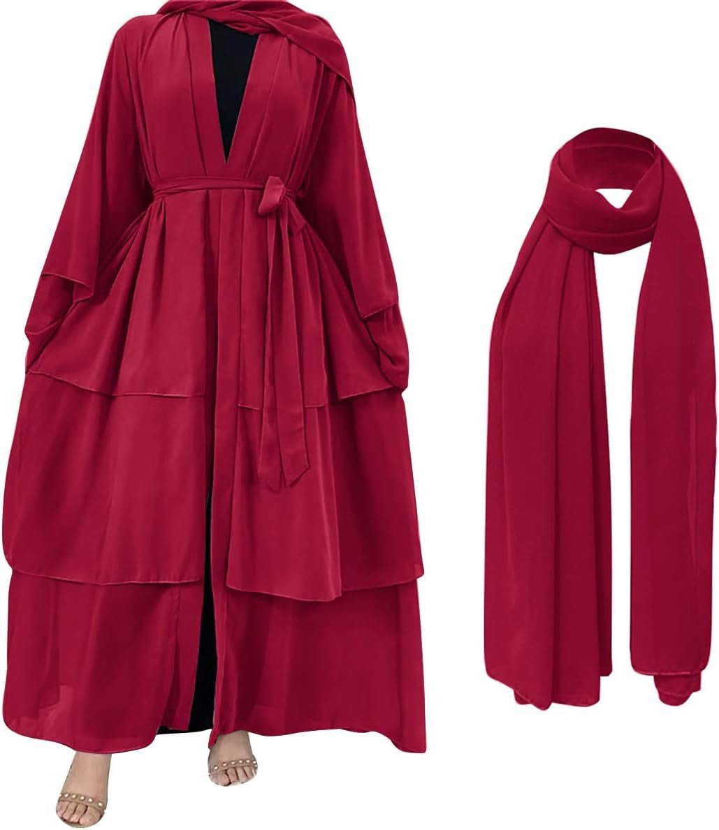 Muslim Chiffon Abaya for Women Open Front Cardigan Modest Dress with Hijab Scarf Middle East Arabian Robe Islamic Long Dress - WORLD TIME VISITS