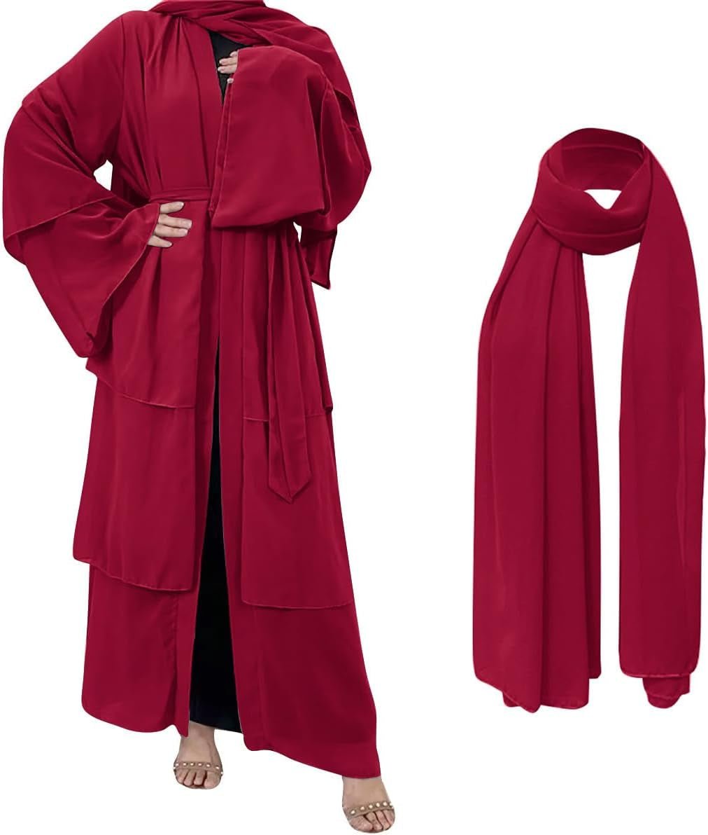Muslim Chiffon Abaya for Women Open Front Cardigan Modest Dress with Hijab Scarf Middle East Arabian Robe Islamic Long Dress - WORLD TIME VISITS