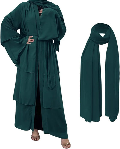 Muslim Chiffon Abaya for Women Open Front Cardigan Modest Dress with Hijab Scarf Middle East Arabian Robe Islamic Long Dress - WORLD TIME VISITS