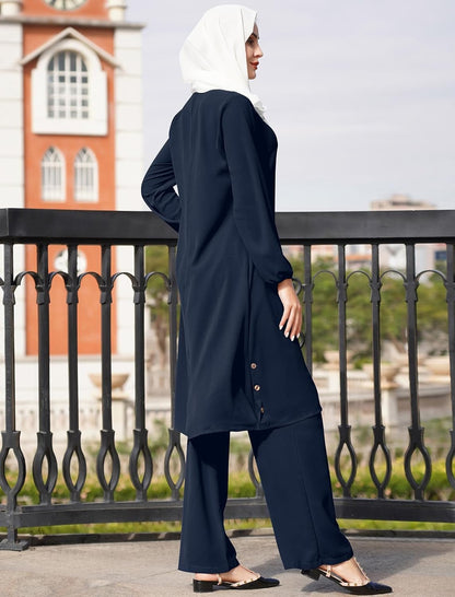 Muslim Clothes for Women Islamic Sets Top+Pants Outfits Abaya Modest Casual Dubai Robe Trousers