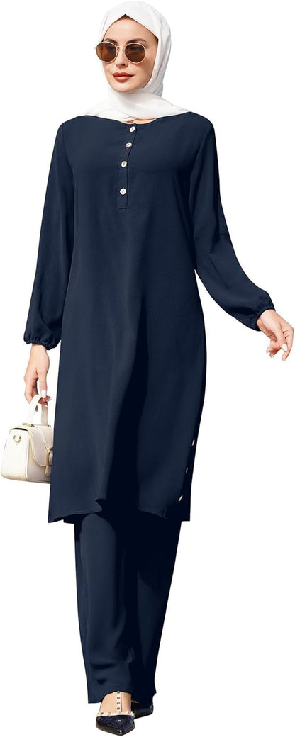 Muslim Clothes for Women Islamic Sets Top+Pants Outfits Abaya Modest Casual Dubai Robe Trousers - WORLD TIME VISITS