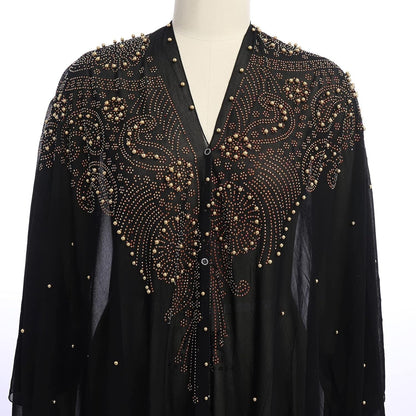Muslim Dress for Women Loose Batwing Sleeved Hooded Beaded Embroidery Long Abaya Dress Kaftan Abayas Islamic Robe