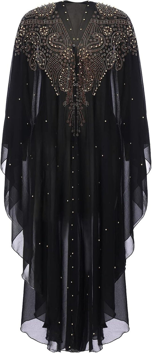 Muslim Dress for Women Loose Batwing Sleeved Hooded Beaded Embroidery Long Abaya Dress Kaftan Abayas Islamic Robe - WORLD TIME VISITS