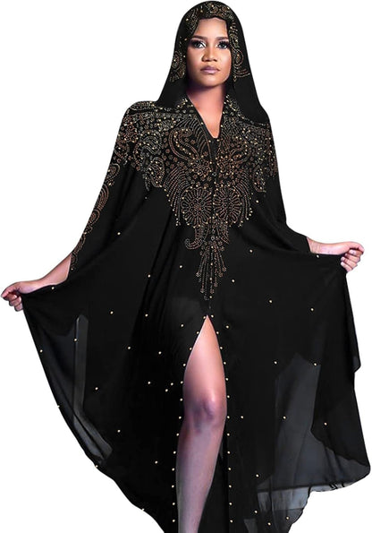 Muslim Dress for Women Loose Batwing Sleeved Hooded Beaded Embroidery Long Abaya Dress Kaftan Abayas Islamic Robe - WORLD TIME VISITS