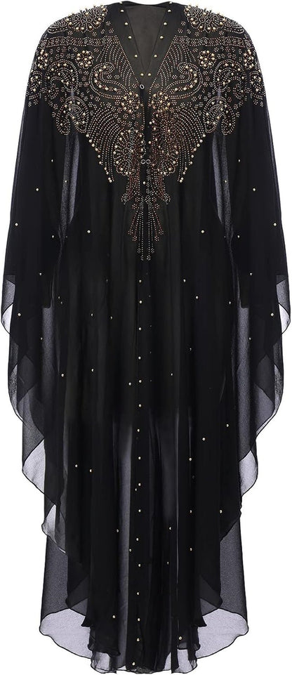 Muslim Dress for Women Loose Batwing Sleeved Hooded Beaded Embroidery Long Abaya Dress Kaftan Abayas Islamic Robe - WORLD TIME VISITS