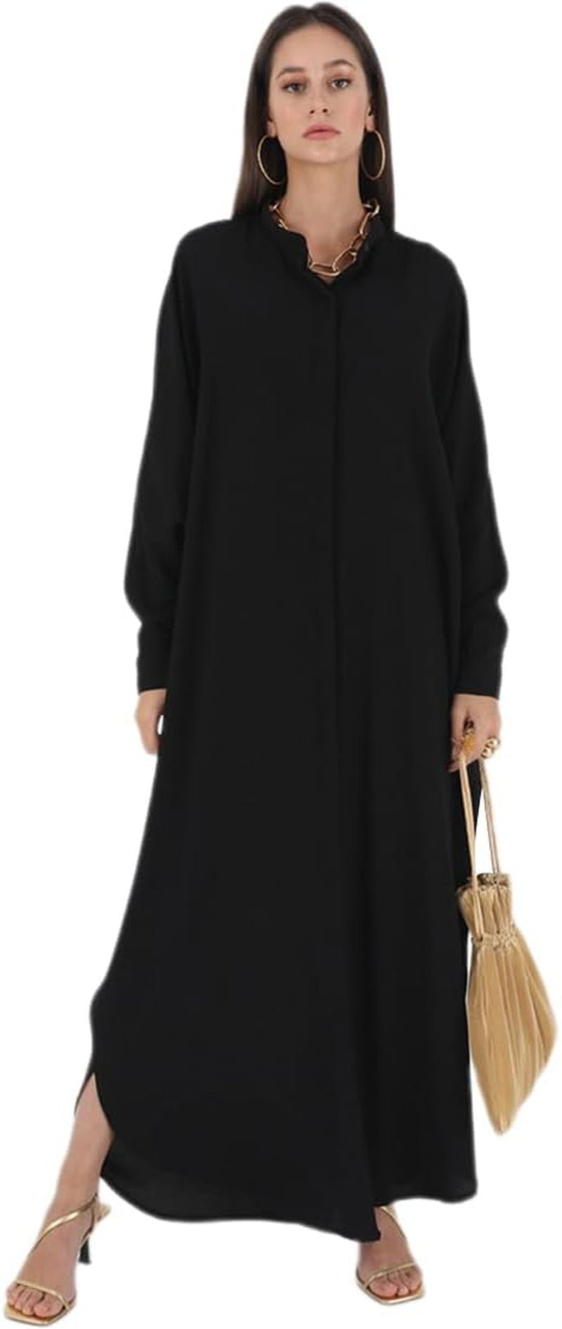 Muslim Dresses for Women Abaya Button down Henley Shirt Prayer Dress Batwing Long Sleeve Middle East Arabian Robe - WORLD TIME VISITS