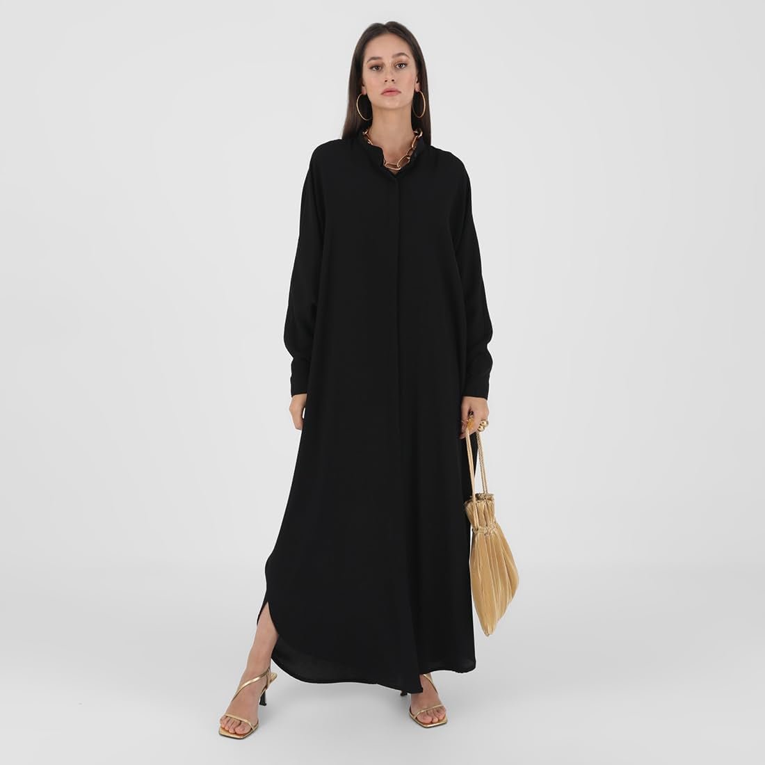 Muslim Dresses for Women Abaya Button down Henley Shirt Prayer Dress Batwing Long Sleeve Middle East Arabian Robe