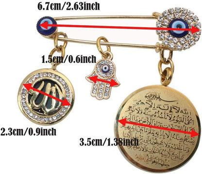 Muslim Islam AYATUL KURSI Allah Turkish Evil Eye Hamsa Hand of Fatima Stainless Steel Brooch Pin - WORLD TIME VISITS