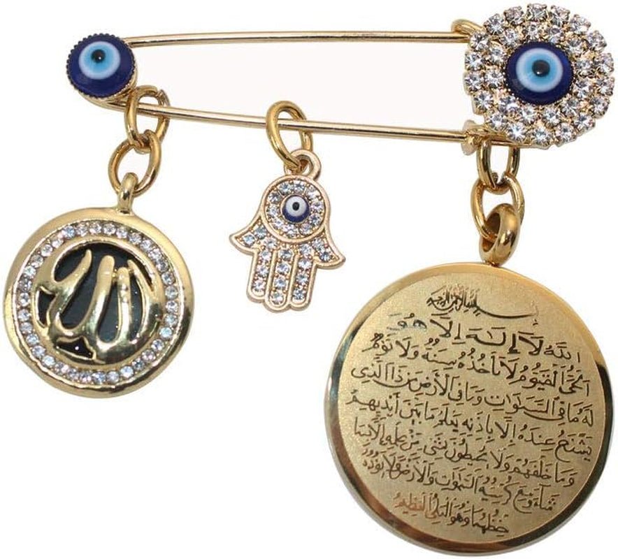 Muslim Islam AYATUL KURSI Allah Turkish Evil Eye Hamsa Hand of Fatima Stainless Steel Brooch Pin - WORLD TIME VISITS
