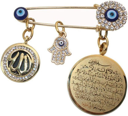 Muslim Islam AYATUL KURSI Allah Turkish Evil Eye Hamsa Hand of Fatima Stainless Steel Brooch Pin - WORLD TIME VISITS
