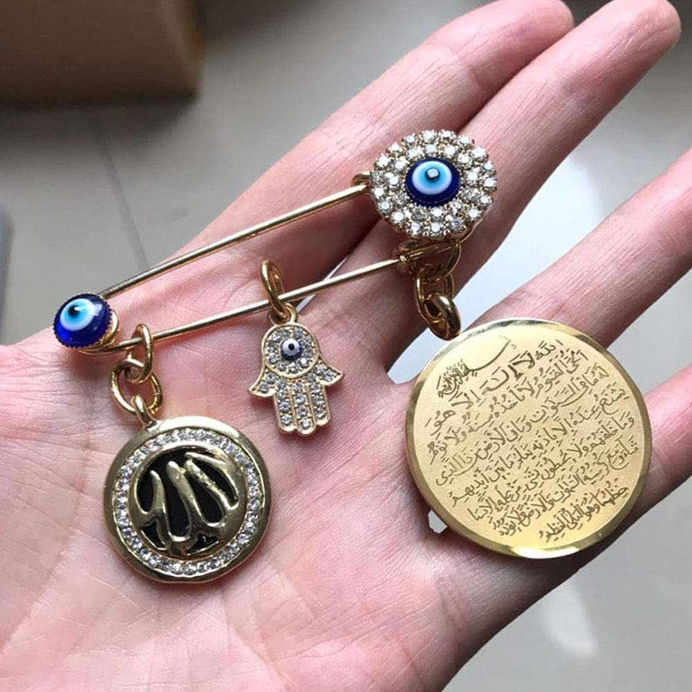 Muslim Islam AYATUL KURSI Allah Turkish Evil Eye Hamsa Hand of Fatima Stainless Steel Brooch Pin