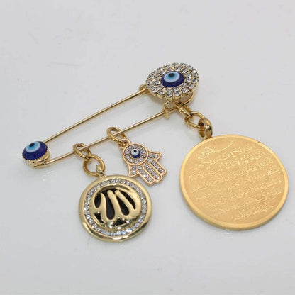 Muslim Islam AYATUL KURSI Allah Turkish Evil Eye Hamsa Hand of Fatima Stainless Steel Brooch Pin