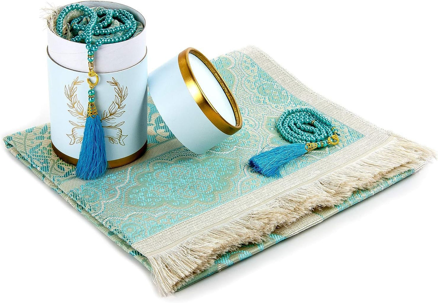 Muslim Prayer Rug and Prayer Beads with Elegant Cylinder Gift Box | Janamaz | Sajadah | Soft Islamic Prayer Rug | Islamic Gifts Set | Prayer Carpet Mat, Taffeta Fabric, Blue - WORLD TIME VISITS
