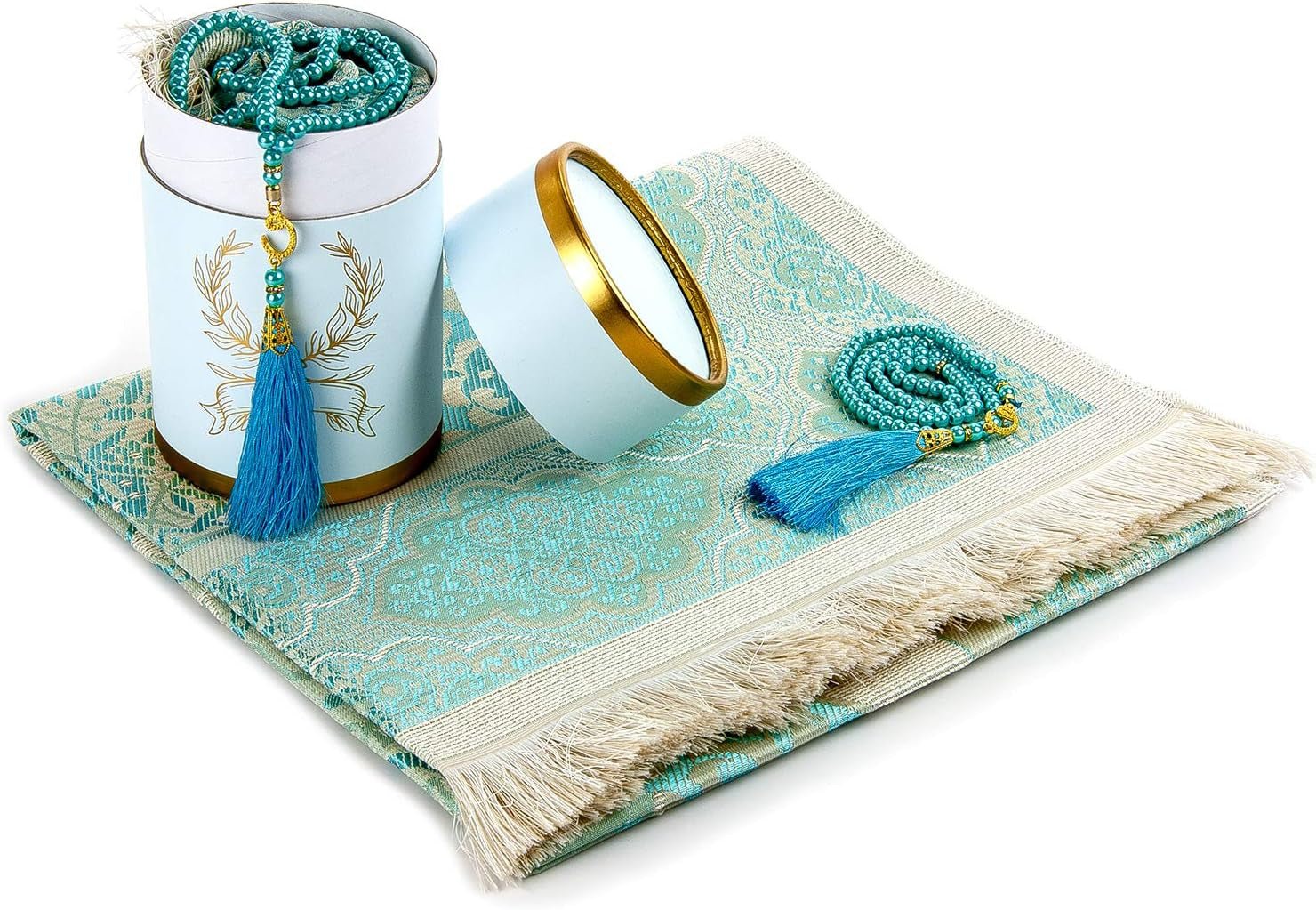 Muslim Prayer Rug and Prayer Beads with Elegant Cylinder Gift Box | Janamaz | Sajadah | Soft Islamic Prayer Rug | Islamic Gifts Set | Prayer Carpet Mat, Taffeta Fabric, Blue - WORLD TIME VISITS