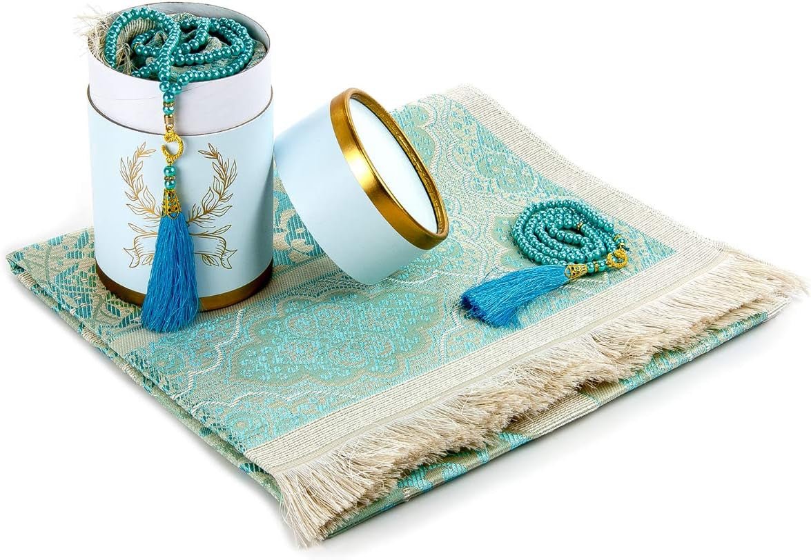 Muslim Prayer Rug and Prayer Beads with Elegant Cylinder Gift Box | Janamaz | Sajadah | Soft Islamic Prayer Rug | Islamic Gifts Set | Prayer Carpet Mat, Taffeta Fabric, Blue - WORLD TIME VISITS