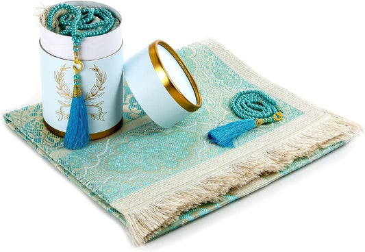 Muslim Prayer Rug and Prayer Beads with Elegant Cylinder Gift Box | Janamaz | Sajadah | Soft Islamic Prayer Rug | Islamic Gifts Set | Prayer Carpet Mat, Taffeta Fabric, Blue - WORLD TIME VISITS