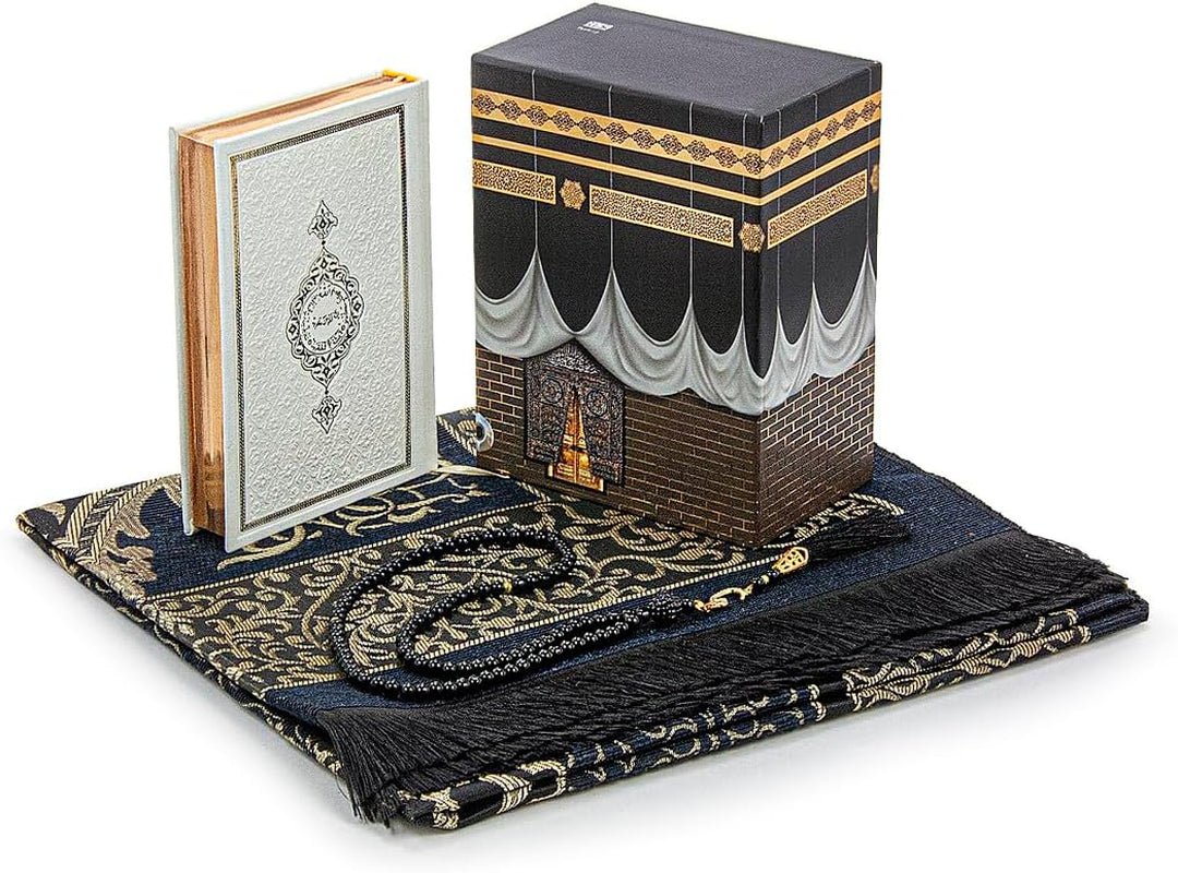 Muslim Prayer Rug and Quran with Prayer Beads, Kaaba Decor Box, Islamic Gift for Women & Men, Elegant Islam Set for Ramadan, Eid, Umrah, Birthday, Travel - WORLD TIME VISITS