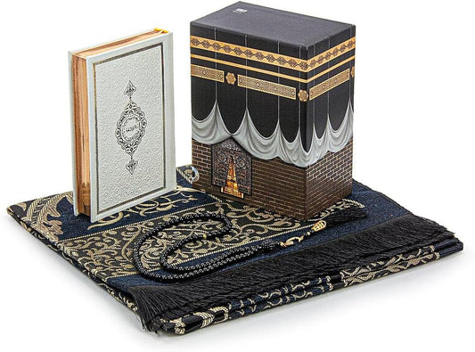 Muslim Prayer Rug and Quran with Prayer Beads, Kaaba Decor Box, Islamic Gift for Women & Men, Elegant Islam Set for Ramadan, Eid, Umrah, Birthday, Travel - WORLD TIME VISITS