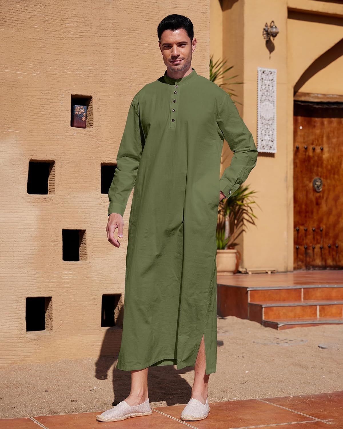 Muslim Thobe for Men Button down Mens Caftans Big and Tall Mens Arab Thobe with Pocket - WORLD TIME VISITS