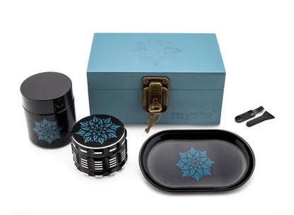 MYSTE BLUE MANDALA Stash Box Smell Proof Set, Grinder Large 2.5'' (63mm), Premium Combo Stashbox Kit, Wooden With Accessories - WORLD TIME VISITS