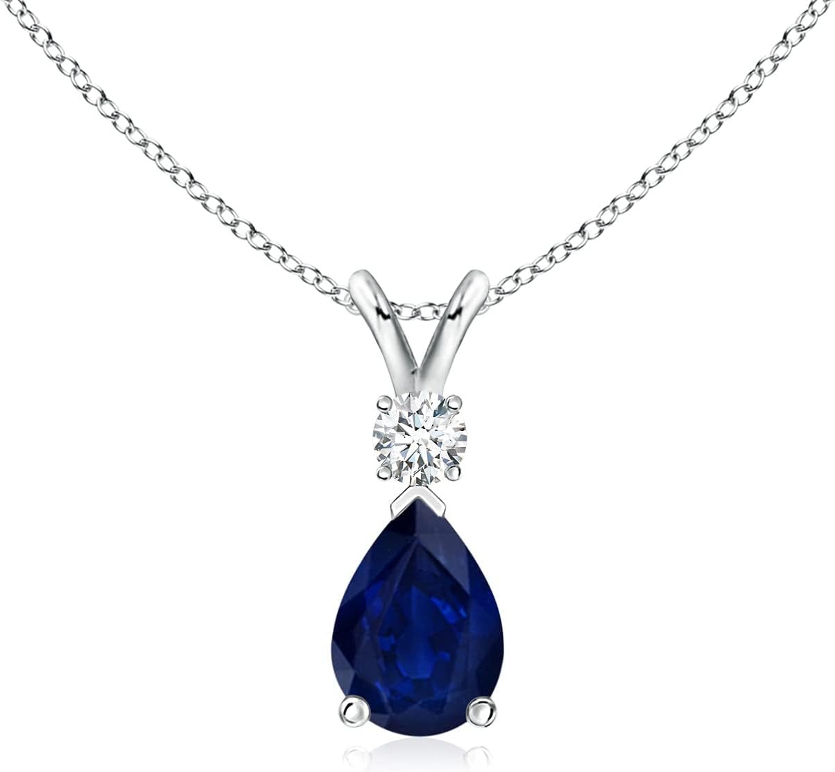 Natural 0.75 Carat Blue Sapphire Teardrop Pendant Necklace for Women, Girls with Diamond in 14K White Gold with 18 Inch Chain | September Birthstone Jewelry Gift - WORLD TIME VISITS