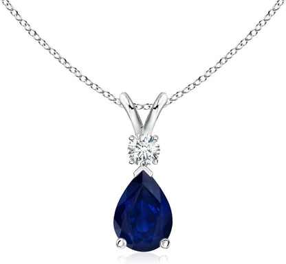 Natural 0.75 Carat Blue Sapphire Teardrop Pendant Necklace for Women, Girls with Diamond in 14K White Gold with 18 Inch Chain | September Birthstone Jewelry Gift - WORLD TIME VISITS