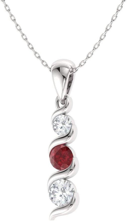 Natural and Certified Gemstone and Diamond Three Stone Petite Necklace in 14K Solid Gold | 0.18 Carat Pendant with Chain