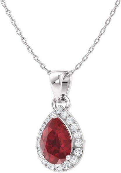 Natural and Certified Pear Gemstone and Diamond Halo Drop Petite Necklace in 14K Solid Gold | 0.33 Carat Pendant with 18 Inch Chain