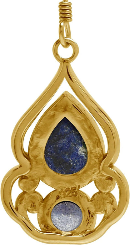 Natural Blue Lapis Lazuli 14K Yellow Gold Plate 925 Sterling Silver Victorian Drop Dangle Hook Earrings