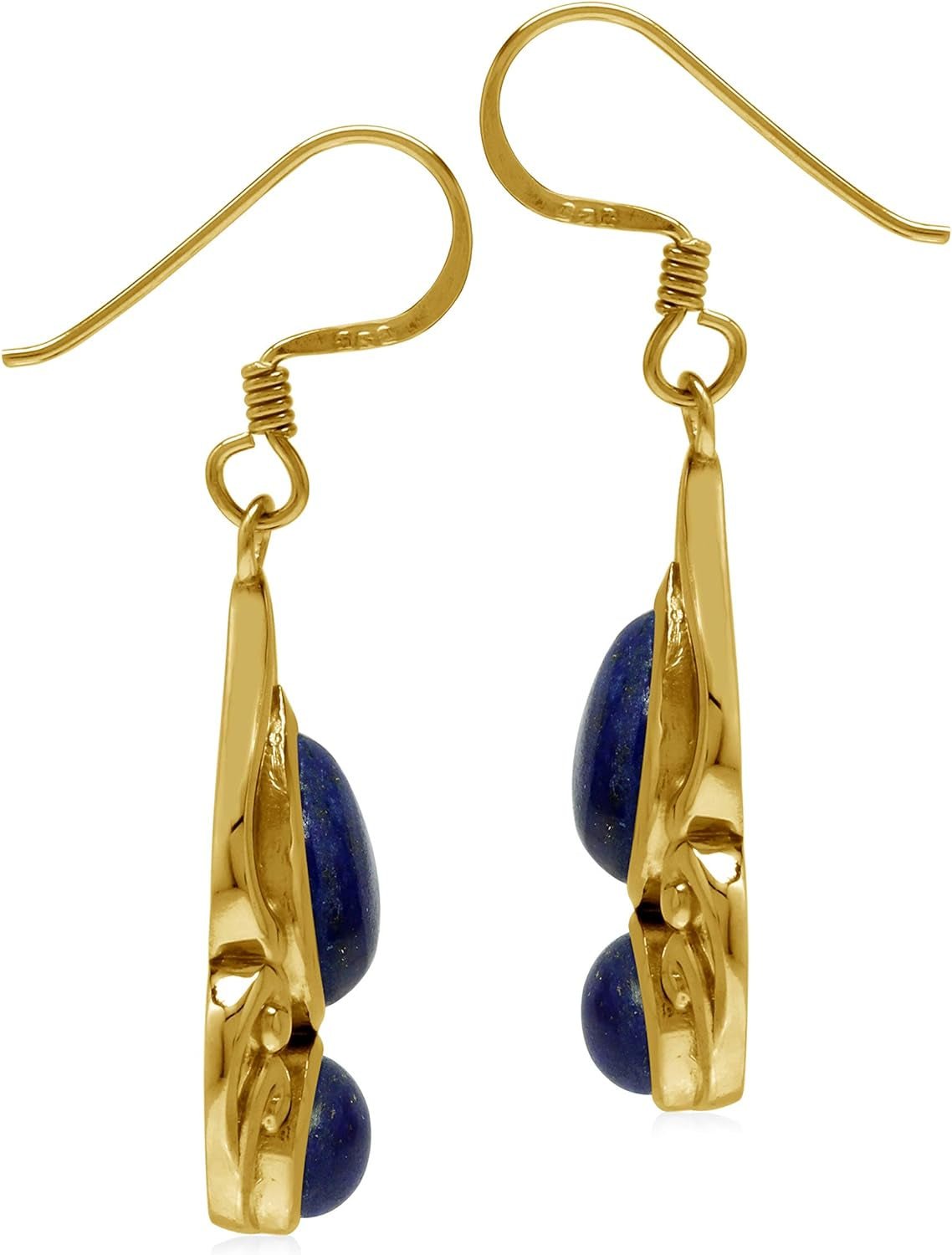 Natural Blue Lapis Lazuli 14K Yellow Gold Plate 925 Sterling Silver Victorian Drop Dangle Hook Earrings