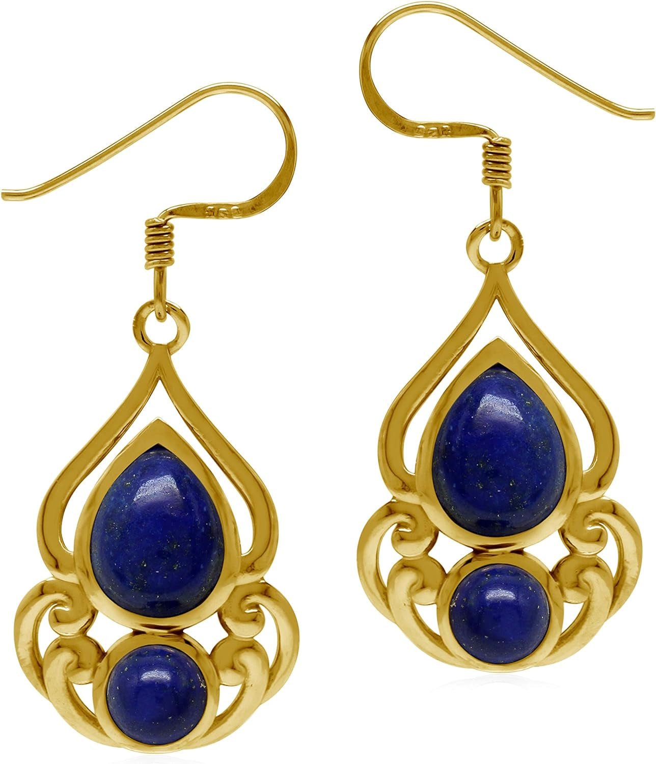 Natural Blue Lapis Lazuli 14K Yellow Gold Plate 925 Sterling Silver Victorian Drop Dangle Hook Earrings - WORLD TIME VISITS