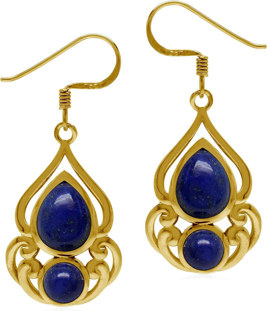 Natural Blue Lapis Lazuli 14K Yellow Gold Plate 925 Sterling Silver Victorian Drop Dangle Hook Earrings - WORLD TIME VISITS