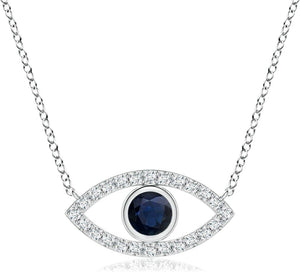 Natural Blue Sapphire Evil Eye Pendant Necklace in 14K Solid Gold for Women, Girls | September Birthstone Jewelry Gift for Her |Wedding | Anniversary | Engagement