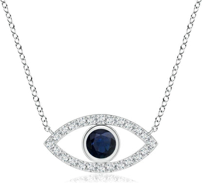 Natural Blue Sapphire Evil Eye Pendant Necklace in 14K Solid Gold for Women, Girls | September Birthstone Jewelry Gift for Her |Wedding | Anniversary | Engagement - WORLD TIME VISITS