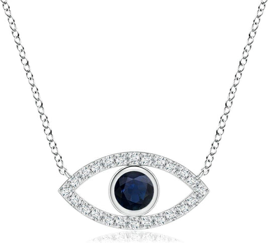 Natural Blue Sapphire Evil Eye Pendant Necklace in 14K Solid Gold for Women, Girls | September Birthstone Jewelry Gift for Her |Wedding | Anniversary | Engagement - WORLD TIME VISITS