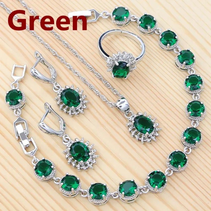 Natural Green Cubic Zirconia 925 Sterling Silver Jewelry Sets for Women Engagement Earrings Ring Pendant Necklace Set - WORLD TIME VISITS