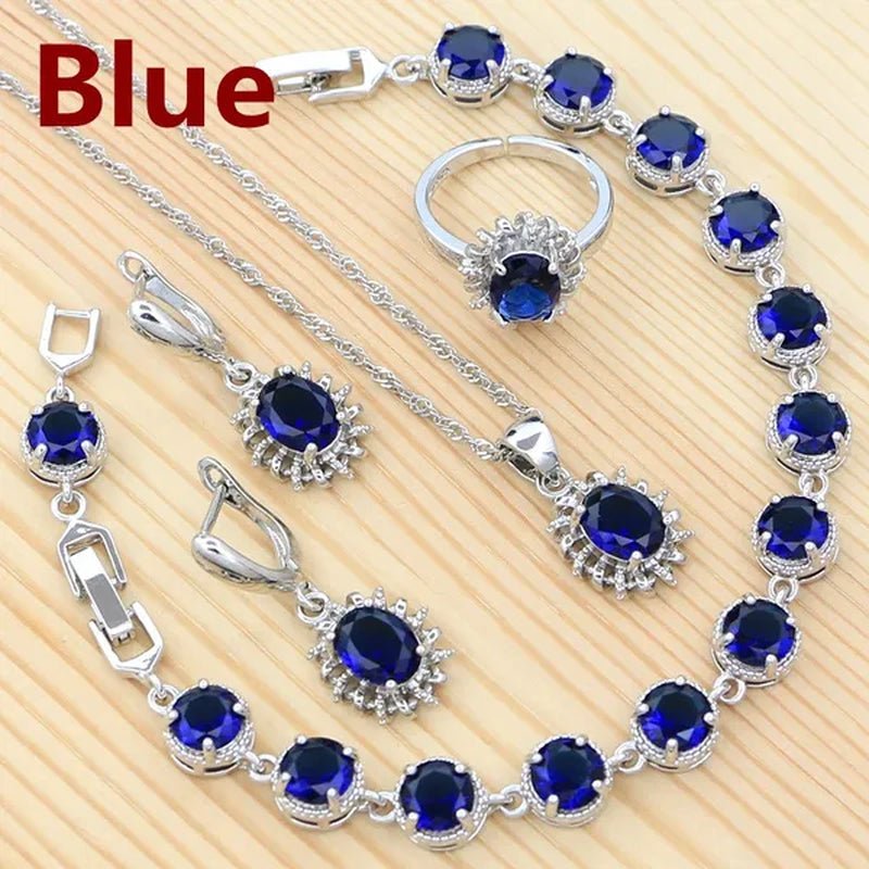 Natural Green Cubic Zirconia 925 Sterling Silver Jewelry Sets for Women Engagement Earrings Ring Pendant Necklace Set - WORLD TIME VISITS