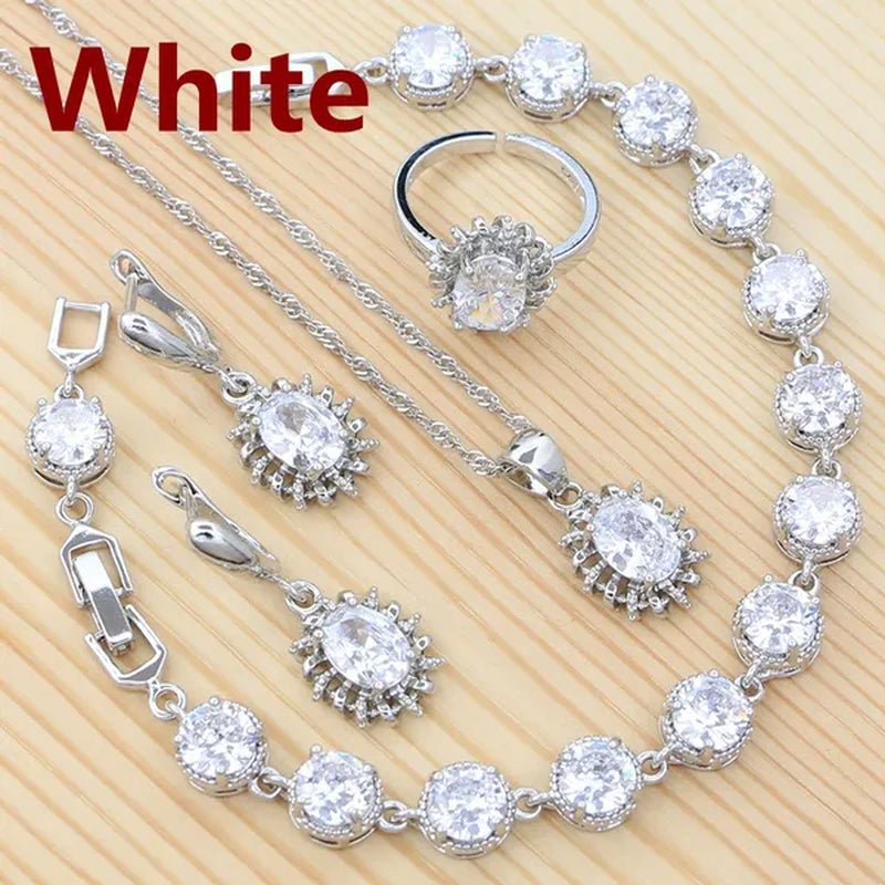 Natural Green Cubic Zirconia 925 Sterling Silver Jewelry Sets for Women Engagement Earrings Ring Pendant Necklace Set