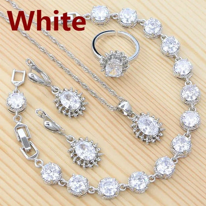 Natural Green Cubic Zirconia 925 Sterling Silver Jewelry Sets for Women Engagement Earrings Ring Pendant Necklace Set