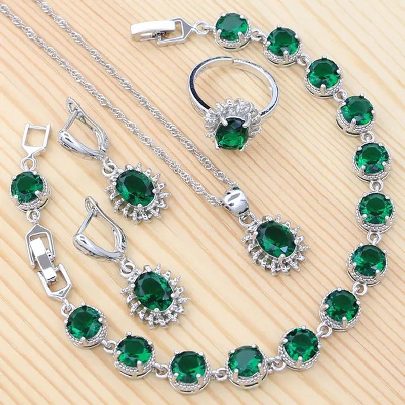 Natural Green Cubic Zirconia 925 Sterling Silver Jewelry Sets for Women Engagement Earrings Ring Pendant Necklace Set - WORLD TIME VISITS