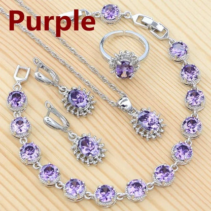 Natural Green Cubic Zirconia 925 Sterling Silver Jewelry Sets for Women Engagement Earrings Ring Pendant Necklace Set