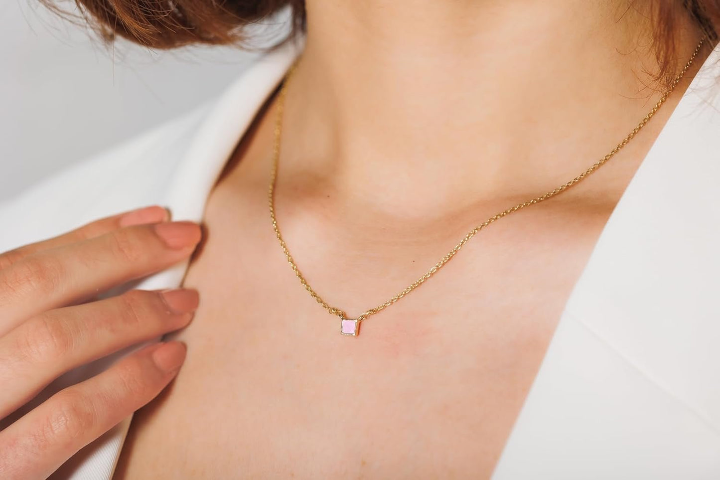 Natural Pink Opal Necklace for Women - Authentic 925 Sterling Silver 18K Gold Jewelry, Dainty Minimalist Square Pink Opal Pendant Necklace for Teen Girls, October Birthstone Gift for Mothers Day - WORLD TIME VISITS