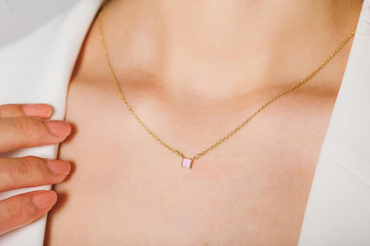 Natural Pink Opal Necklace for Women - Authentic 925 Sterling Silver 18K Gold Jewelry, Dainty Minimalist Square Pink Opal Pendant Necklace for Teen Girls, October Birthstone Gift for Mothers Day